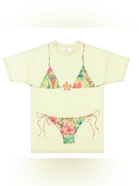 New Floral Bikini Graphic Tee Shirt in Cream with Tropical  Print - Coverup - S